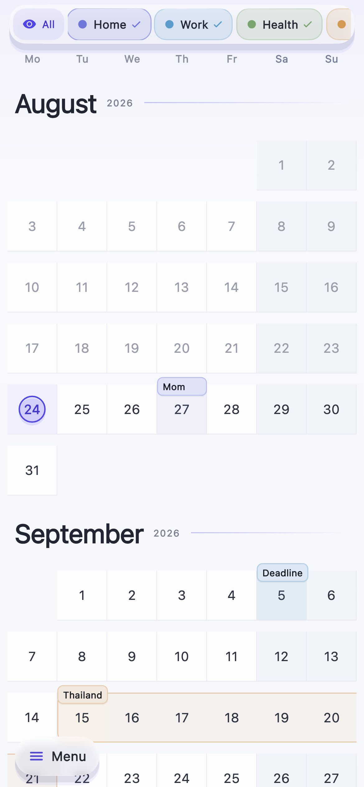 MyYear on iPhone showing the same important dates and trips in a touch-friendly continuous calendar.