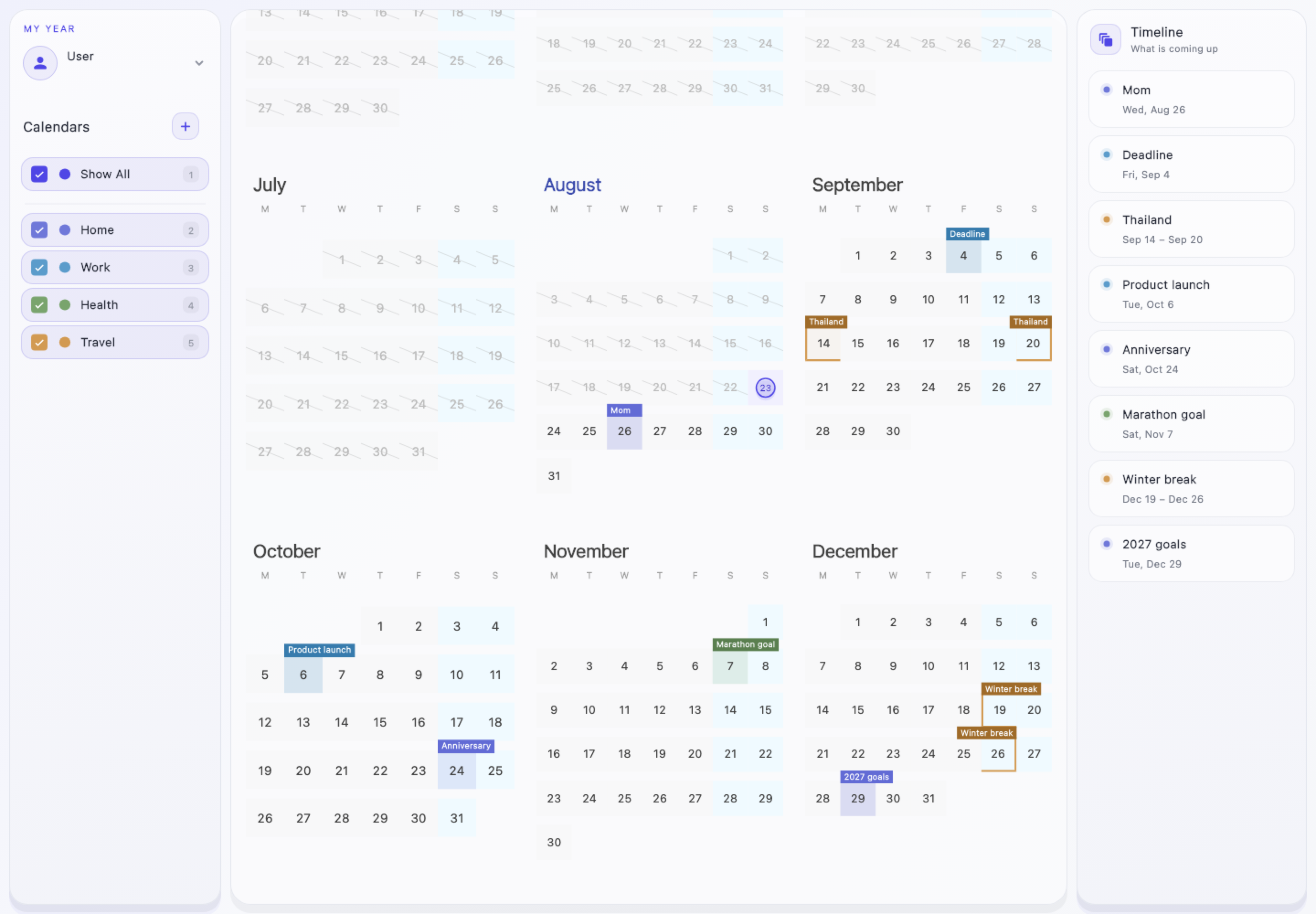 MyYear on Mac showing Mom, Thailand, Product launch, Anniversary, Marathon goal, Winter break, and 2027 goals across one calm year view.