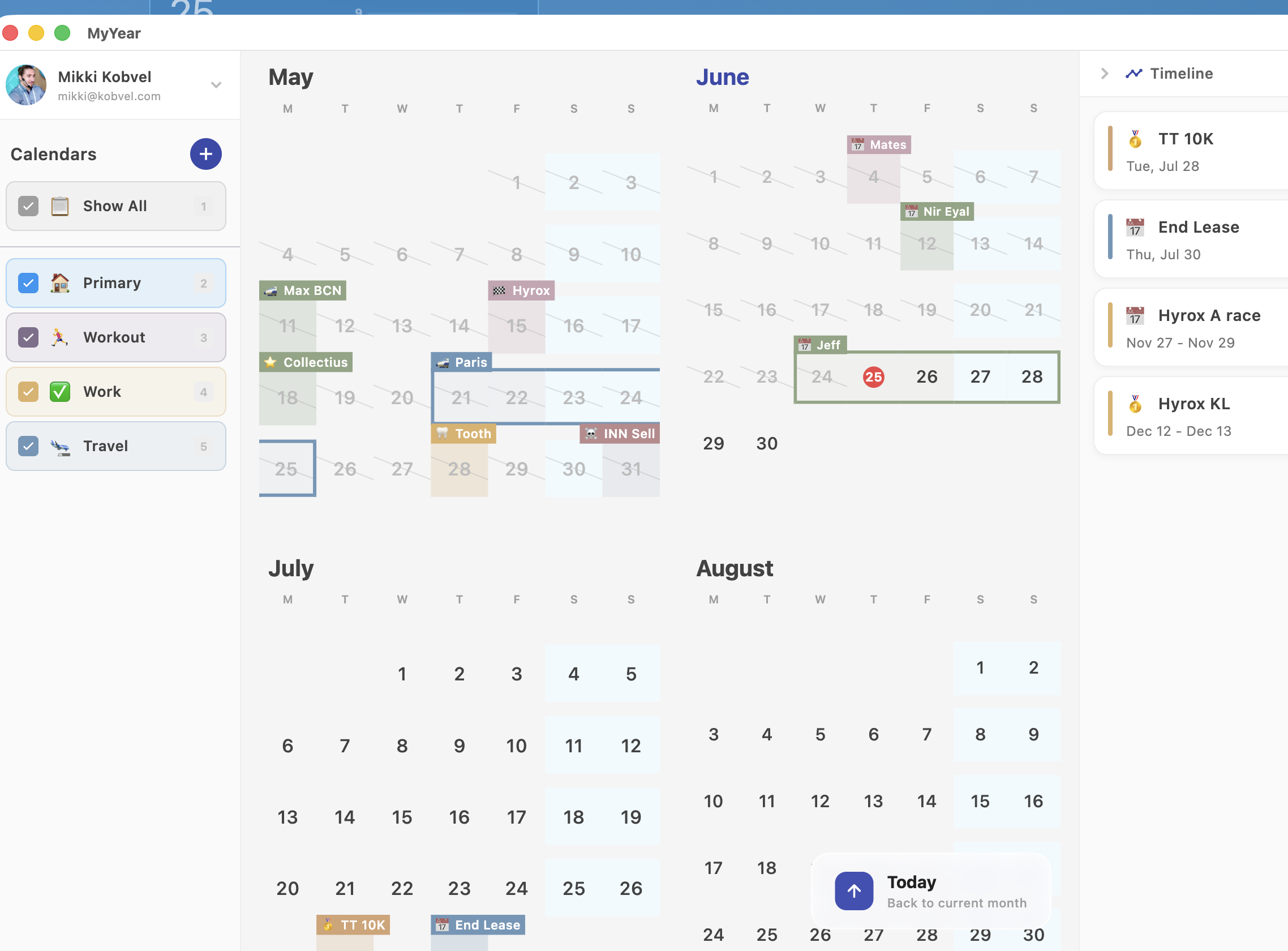 MyYear showing four spacious months, color-coded calendars, and an upcoming events timeline.